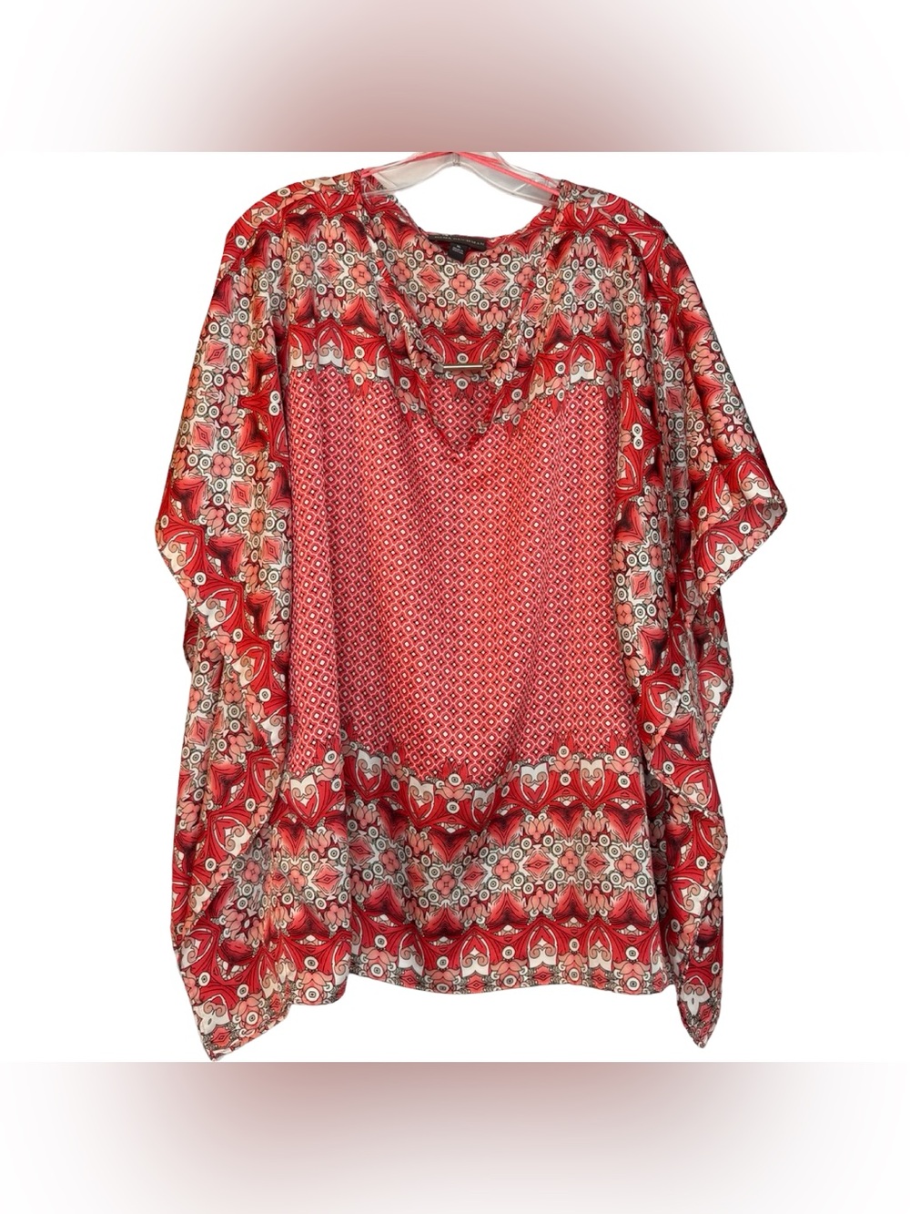 Dana Buchman Red Geometric Poncho Blouse Top Womens XL Batwing Sleeve Kaftan